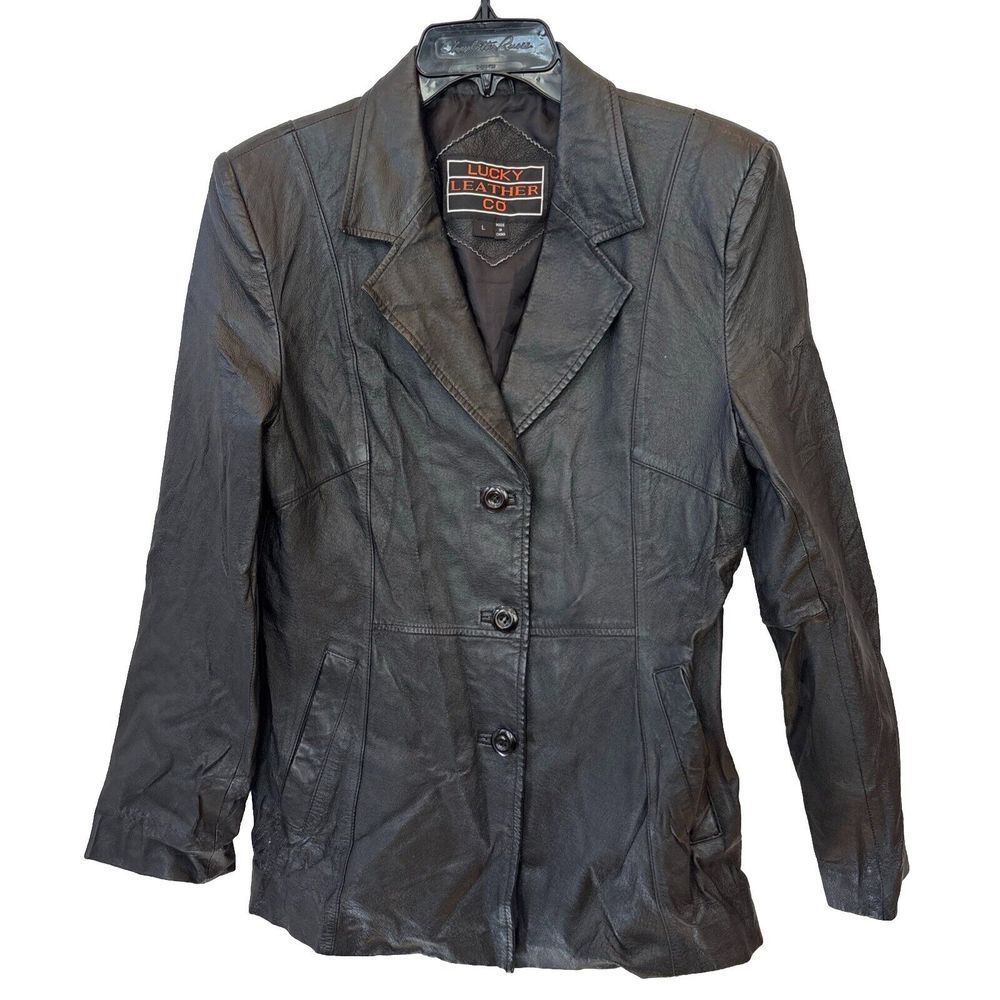 Lucky Leather Co. Large Genuine Leather Womens Coat Jacket Solid Black